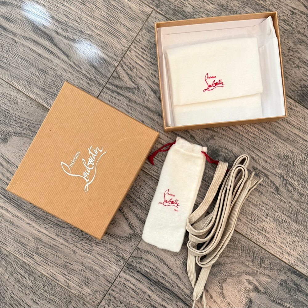 Christian Louboutin Cream Dust Bags and Box Khaki Shoelace